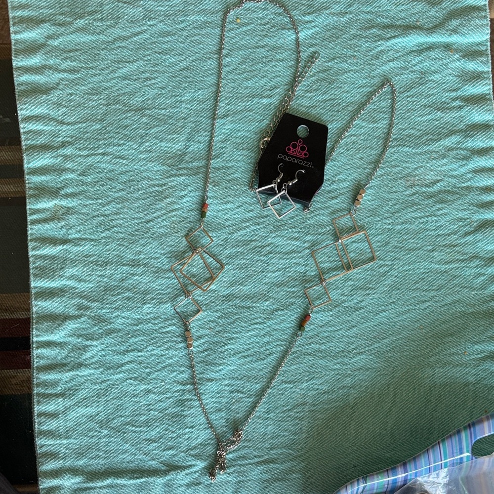 Paparazzi Silver Necklace with Red Accents and earring set. new